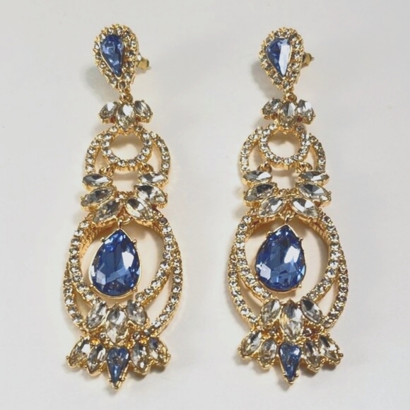 Gold Drop Earrings | 3” Drop Dangle Statement Women Jewelry - Swarovski Crystal - Picture 3 of 6